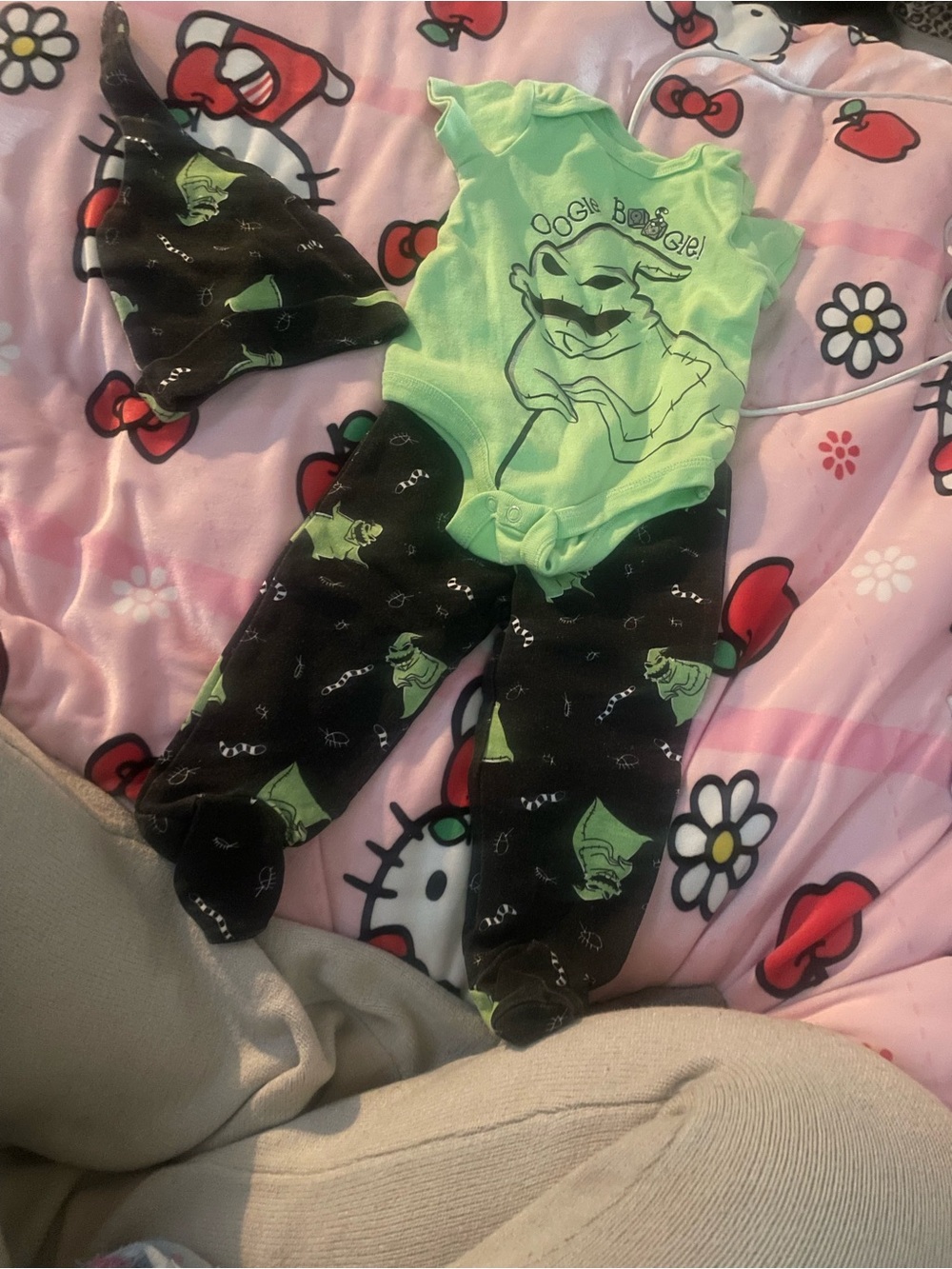 Green 'Oogie Boogie' Baby Onesie Set with Matching Hat and Pants